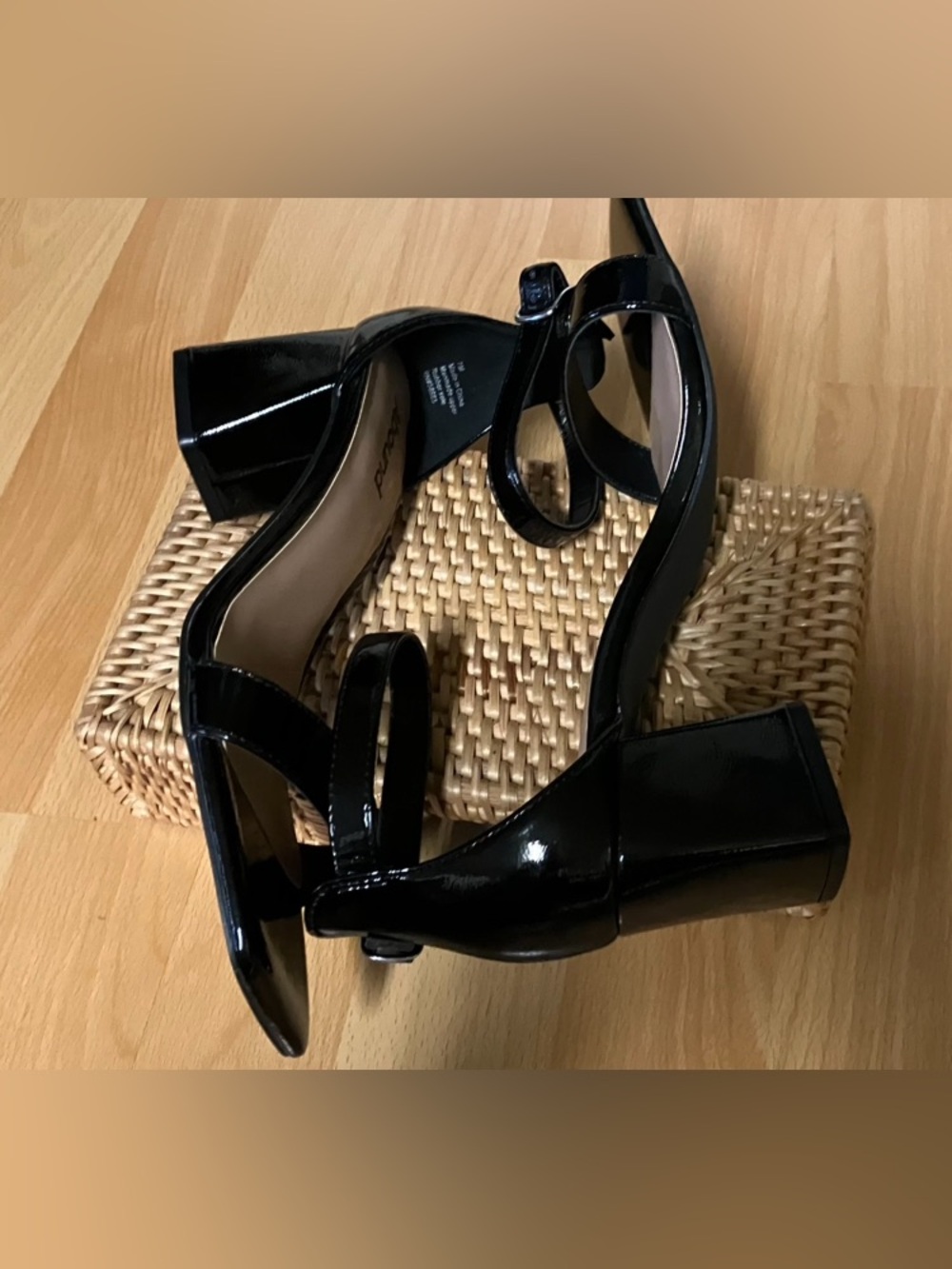 Abound Black Patent Square-Toe Ankle-Strap Block Heels: Size 7